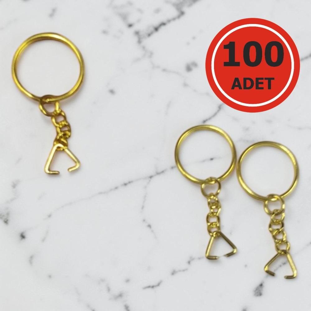 100 Adet - 25 mm Sarı Kaplama Zincirli Anahtarlık Halkası ve Üçgen (1.2 mm) Takım Halinde