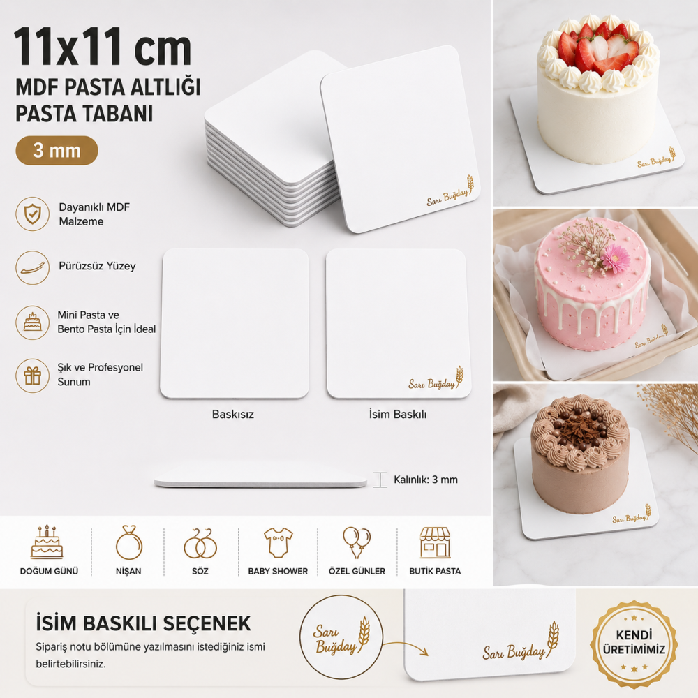 11x11 cm MDF Pasta Altlığı | İsim Baskılı Pasta Tabanı