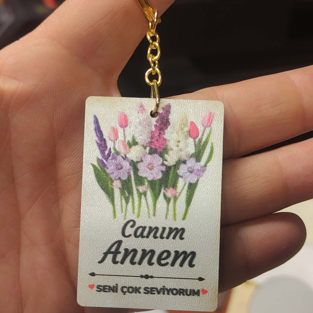 Anneler Günü MDF Anahtarlık 4x6 cm Gold Zincirli