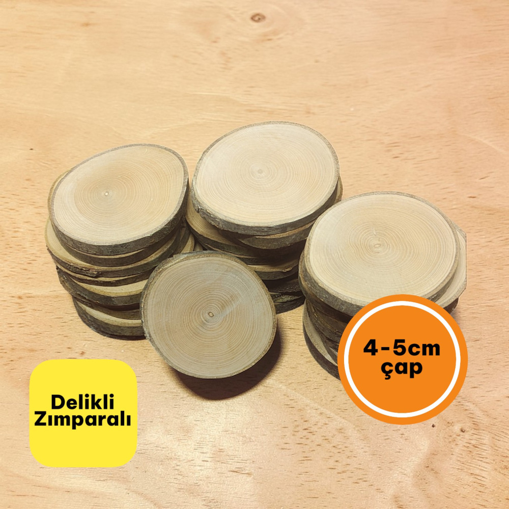 4-5 cm (Delikli - Zımparalı) Doğal Ahşap Anahtarlık Odun Kütük Dilimi