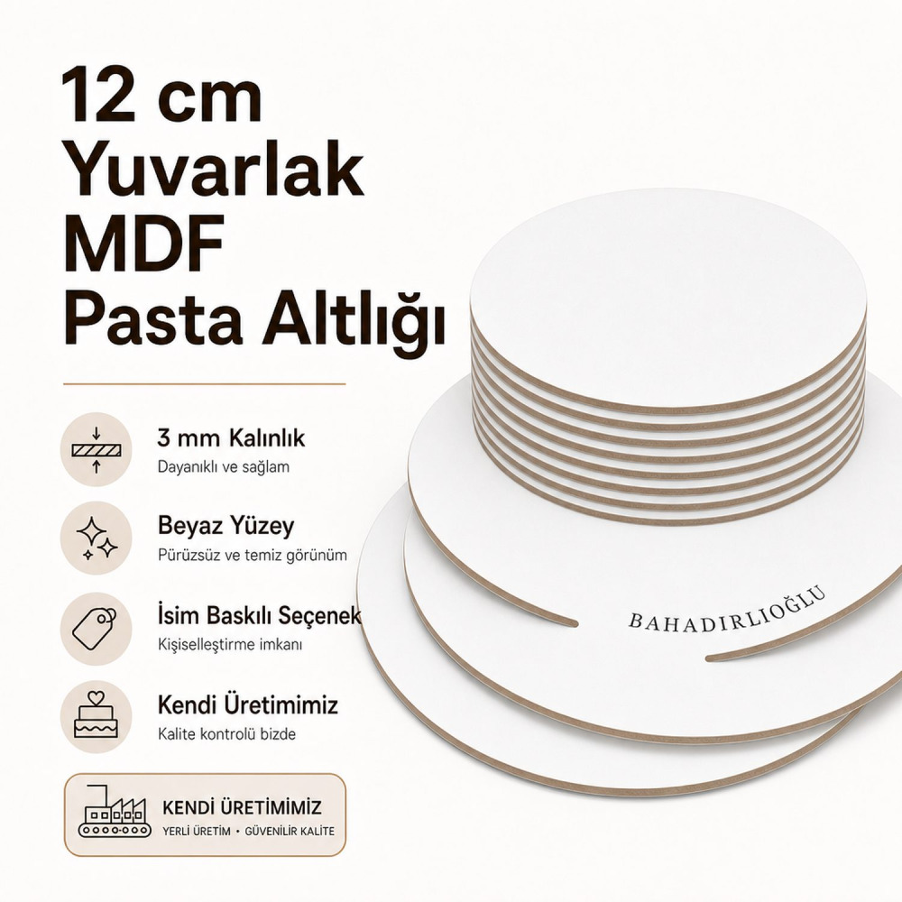 12 cm Yuvarlak MDF Pasta Altlığı | İsim Baskılı Pasta Tabanı