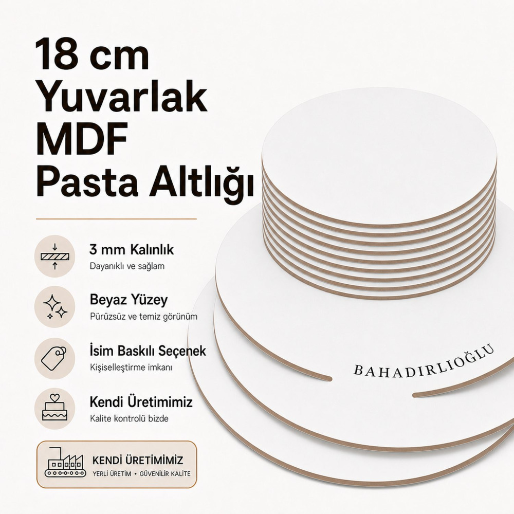18 cm Yuvarlak MDF Pasta Altlığı | İsim Baskılı Pasta Tabanı