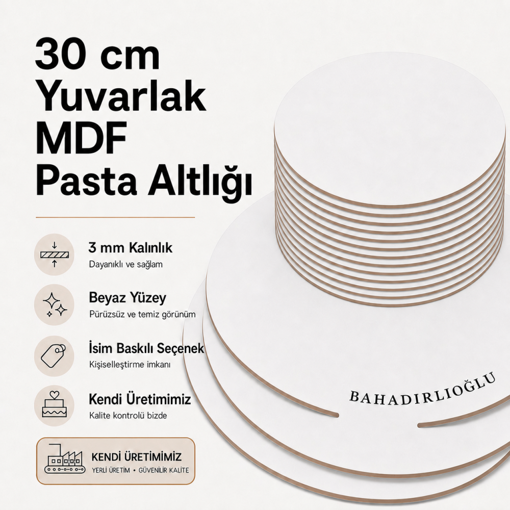 30 cm Yuvarlak MDF Pasta Altlığı | İsim Baskılı Pasta Tabanı
