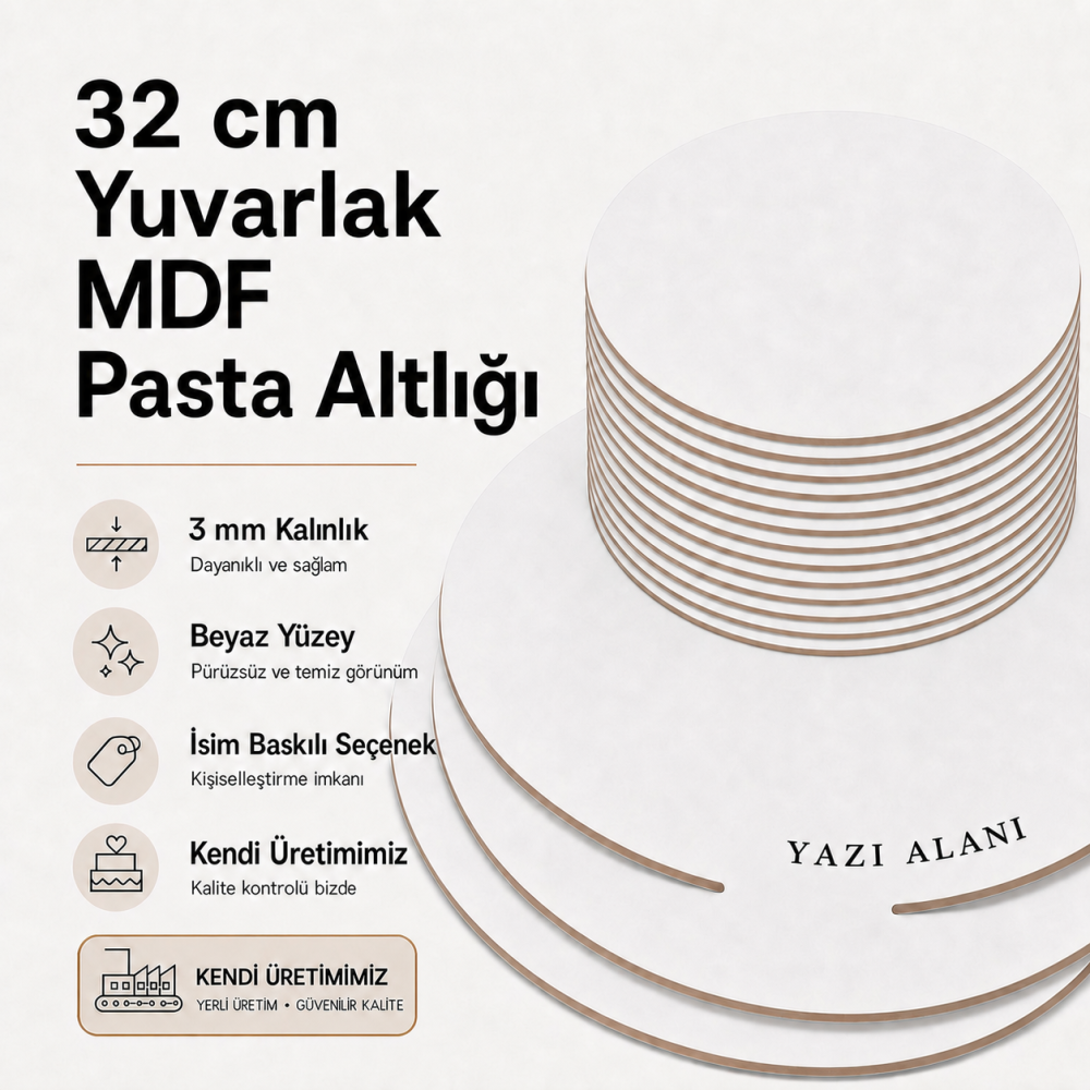32 cm Yuvarlak MDF Pasta Altlığı | İsim Baskılı Pasta Tabanı