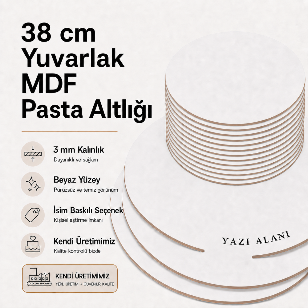 38 cm Yuvarlak MDF Pasta Altlığı | İsim Baskılı Pasta Tabanı
